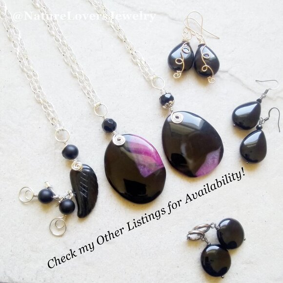 Carved Black Onyx Wing Necklace & Earring Set - Stress Bereavement & Protection - Picture 10 of 10